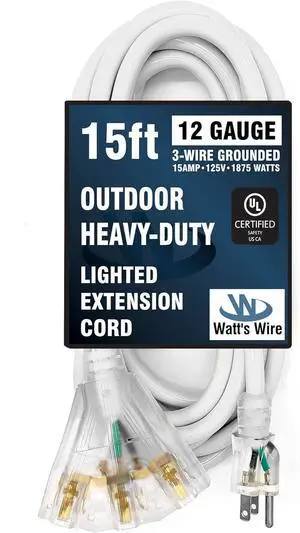 15 ft - 12 Gauge Heavy Duty Extension Cord - 3 Outlet Lighted SJTW - Indoor/Outdoor Extension_Cord by Watt's Wire - 15' 12-Gauge Grounded 15 Amp ExtensionCord