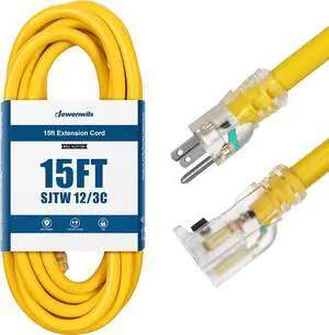 DEWENWILS 15 FT 12/3 Gauge Indoor/Outdoor Extension Cord with Lock, SJTW 15 Amp Yellow Outer Jacket Contractor Grade Heavy Duty Anti-Shedding Power Cable with LED Lighted Plug, ETL Listed