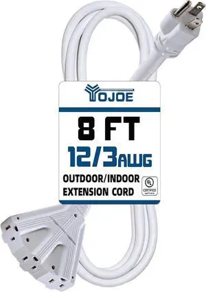 YOJOE 3-Outlets Indoor Outdoor Extension Cord, 3 Prong 15A Weatherproof Power Cord Multiple Outlets, 12 Gauge Heavy Duty 8 ft White Extension Cord for Garage, Garden, 12/3 SJTW UL Listed