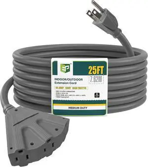 EP 25 Ft Outdoor Extension Cord with 3 Electrical Power Outlets - 16/3 SJTW Grey Cable with 3 Prong Grounded Plug for Safety Great for Christmas Lights, Garden and Major Appliances