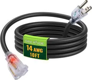 10 Ft 14/3 Lighted Outdoor Extension Cord - 14 Gauge SJTW Heavy Duty Black Extension Cable with 3 Prong Grounded Plug, Great for Lawn, Garden, Appliances