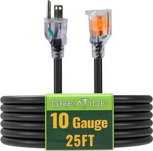 25 Ft Lighted Outdoor Extension Cord - 10/3 SJTW Heavy Duty Black Extension Cable with 3 Prong Grounded Plug for Safety, UL Listed