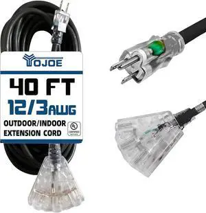 3-Outlets Indoor Outdoor Extension Cord with Lighted End, 3 Prong 15A Weatherproof Power Cord, 12 Gauge Heavy Duty 40 ft Black Multiple Outlets, 12/3 SJTW UL Listed