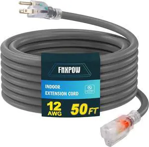 Indoor Outdoor Extension Cord, 12 Gauge 3 Prong Weatherproof Heavy Duty Gray Extension Cord with Lighted Indicator End, SJTW 15A 50FT Extension Cable for Garage, Garden and Home, UL Listed Indoor Outdoor Extension Cord, 12 Gauge 3 Prong Weatherproof Heavy Duty Gray Extension Cord with Lighted Indicator End, SJTW 15A 50FT Extension Cable for Garage, Garden and Home, UL Listed