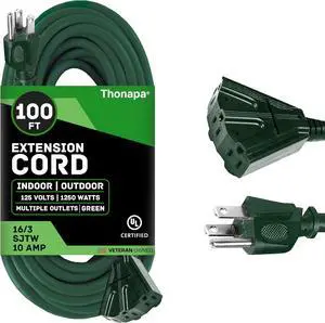 Outdoor Extension Cord 100 FT with 3 Outlets - 16 Gauge Green Extension Cord with Multiple Outlets, 3 Prong Weatherproof 16/3 Great for Landscaping, Gardens, Lawn, Lights Decoration