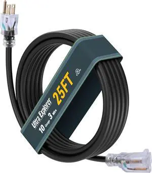 10 Gauge Heavy Duty Outdoor Extension Cord 25 FT, Waterproof Exterior Extension Cable with Lighted, 3 Prong Appliance Power Cord Outside, SJTW, 125 VAC, 15 Amp, 1875 Watts, Black