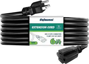Extension Cord Outdoor & Indoor 6 ft Black Heavy Duty Extension Cords,12 Gauge 3 Prong SJTW 15AMP 1875W UL Listed Electric Cord, Waterproof Short Power Cable for Multiple Devices & Scenes
