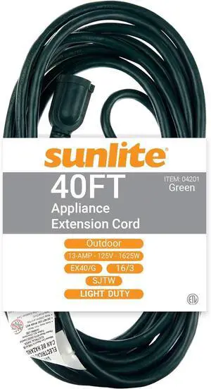 Sunlite 04201-SU 40-Foot Outdoor Extension Cord Three Grounded Sockets, Light Duty, Long Power Wire, for Appliances, Electronics, UL Listed, Meets OSHA Standards, Green