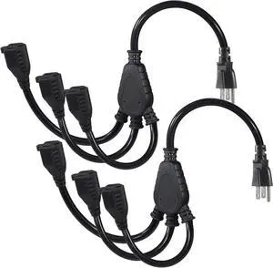 KUNCAN 3-Outlet Splitter Extension Cord - 3 Prong 1 to 3 Way Power Splitter Extension Cable, 1FT 16AWG 13A/1625W, NEMA 5-15P to 3*NEMA 5-15R Y Style Extension Cord (Black 2-Pack)