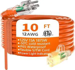 HUANCHAIN 12/3 Gauge Heavy Duty Outdoor Extension Cord 10 ft Waterproof with Lighted end, Flexible Cold-Resistant 3 Prong Electric Cord Outside, 15Amp 1875W 12AWG SJTW, Orange, ETL
