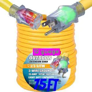 12/3 75 FT Extension Cord Indoor Outdoor Heavy Duty Electrical Cord 12 Gauge 15 Amps 1875 Watts UL Listed 75 Foot yellow12 Gauge Extension Cord 12 AWG Copper Grounded with Lighted Ends (yellow)