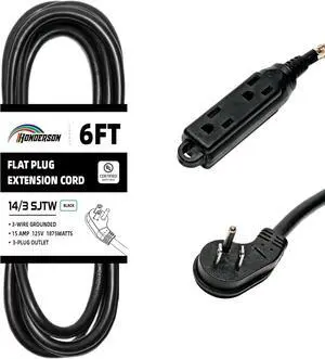 3-Outlets Flat Plug Indoor Extension Cord Outlet Extender, UL Listed, 14 Gauge 6FT Black 3 Prong Heavy Duty, 14/3 SJTW 15A Power Strip