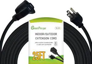 25 Ft Indoor Outdoor Black Extension Cord, 16 Gauge Waterproof Electrical Power Cable, 16/3 SJTW 3 Prong Grounded Plug, 13A 1625W, UL Listed