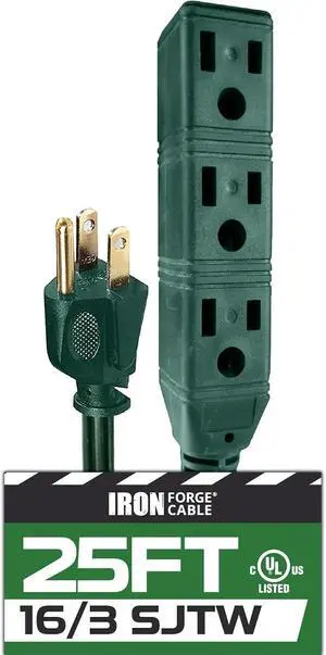 Iron Forge Cable 3 Outlet Power Strip Extension Cord 25 ft, 16/3 SJTW Heavy Duty Weatherproof Green Extension Cord with Multiple Outlets 3 Prong