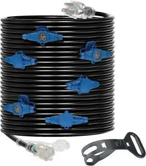 30 Feet Multi Outlet Extension Cord 12 Gauge,7 Nema 5-15R Evenly Spaced Outlets with Blue Indicators,Male Plug to Female Connector,Erboelec,ETL Listed