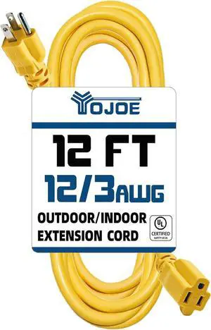 YOJOE Indoor Outdoor Extension Cord, 3 Prong 15A Weatherproof Power Cord, 12 Gauge Heavy Duty 12 ft Yellow Extension Cord for Garage, Garden and Home, 12/3 SJTW UL Listed