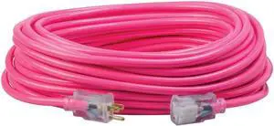 Southwire Outdoor Extension Cord - Heavy Duty All-Copper Wire for Outdoor Power - Weatherproof Vinyl Jacket - High-Visibility Safety Color - 12/3 SJTW - 100 Feet - Cool Pink with Power Light Indicator