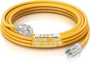 PLUGTUL Outdoor Extension Cord 15 FT Waterproof, 12/3 Gauge Heavy Duty Lighted Extension Cord, 3 Prong Grounded Plug for Safety, 15A 1875W SJTW, ETL Listed, Great for Garden and Home, Yellow