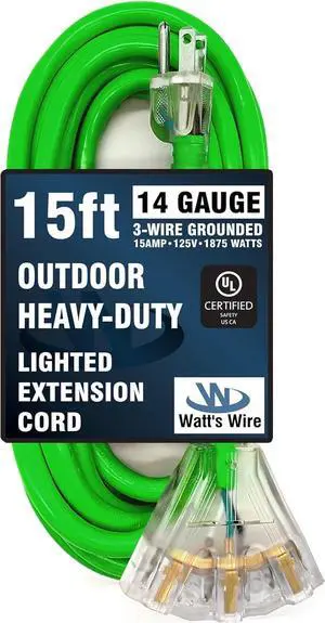 15 ft Heavy Duty Extension Cord - 14 Gauge Outdoor Extension_Cord - Lighted Mulitiple Outlets by Watt's Wire - 15' 14-Gauge Grounded 15 Amp Cord - extensiones electricas