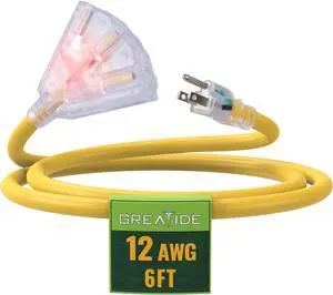 6 Ft Lighted Outdoor Extension Cord with 3 Electrical Power Outlets - 12/3 SJTW Heavy Duty Yellow Extension Cable with 3 Prong Grounded Plug for Safety, UL Listed