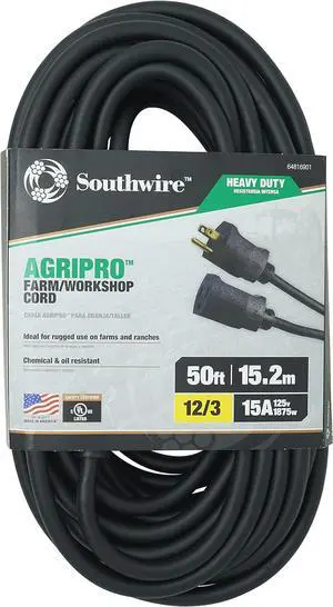 Southwire AgriPro 12/3 Gauge Heavy Duty Extension Cord - All-Copper Wire - Extra Durable Molded Plug - Cold Weather Rated - Oil & Chemical Resistant - UL Listed - Farm & Workshop Ready - 50 Feet