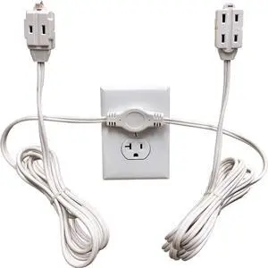 W4W, Twin Extension Cord Power Strip - 24 Foot Cord - 12 feet on Each Side - Flat Head (Wall Hugger) Outlet Plug - 6 Polarized Outlets with Safety Cover