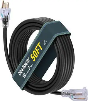 10 Gauge Heavy Duty Outdoor Extension Cord 50 FT, Waterproof Exterior Cable with Lighted, 3 Prong Appliance Power Outside, SJTW, 125 VAC, 15 Amp, 1875 Watts, Black