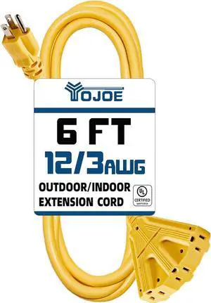 YOJOE 3-Outlets Indoor Outdoor Extension Cord, 3 Prong 15A Weatherproof Power Cord Multiple Outlets, 12 Gauge Heavy Duty 6 ft Yellow Extension Cord for Garage, Garden, 12/3 SJTW UL Listed