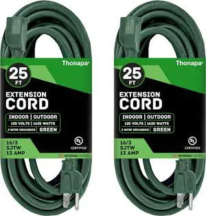 Weatherproof Green Extension Cord 25 ft, 2 Pack, 16/3 SJTW Water Resistant Outdoor Extension Cord 25 Foot 3 Prong, 13 AMP Electric Cable for Outside, Outdoor Lights & Landscaping
