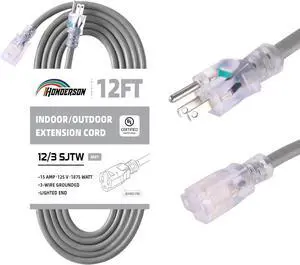 Indoor Outdoor Extension Cord Weatherproof with Lighted End, UL Listed, 12 Gauge 12FT Grey 3 Prong Heavy Duty, 12/3 SJTW 15A Power Cord for Outdoor Lights, Lawn