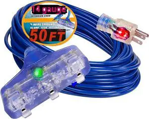 50 ft Extension Cord  14 Gauge (14/3), Heavy Duty, 15 Amp, 125V, 1875W  Indoor/Outdoor Use, Grounded Power Cord with Triple Outlet, 14 AWG, Weather-Resistant