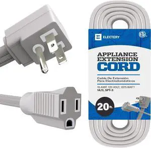 Heavy Duty Appliance Extension Cord, 14 AWG - 3 Prong Grounded Flat Plug, Gray Power Wire for Indoor Air Conditioner and All Major Appliances, 15 Amps, 1875W, ETL Listed. (20 Ft)