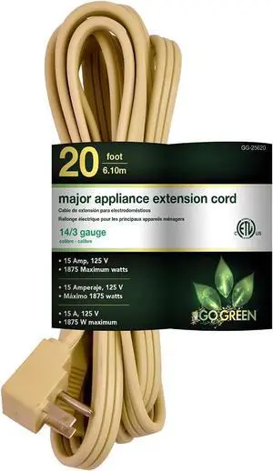 Go Green Power Inc. 20ft Appliance Cord, Beige - 14/3 SPT-3, Heavy Duty, Grounded Plug, Kink-Free, Ideal for Large Indoor Appliances