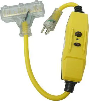 TRC 26020008-6 12/3 Gauge Shockshield GFCI Protected In-line Tri-Cord Set with 3-Outlets; 2-Feet; 15-Amp; Yellow