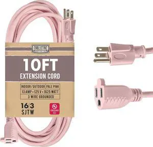 Outdoor Extension Cord 10 ft - 16 Gauge 13 Amp Heavy Duty Power Extension Cords - SJTW - Great for Small Appliances, Outdoor Lights, Garden Supplies - Pink