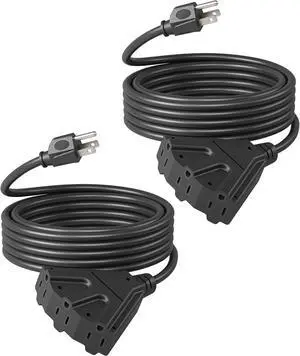 DEWENWILS Extension Cord Multiple Outlet Weatherproof, 15 FT Tri-Tap Cords, 16/3 SJTW Power Cable for Outdoor Landscaping String Lights, ETL Listed, Pack of 2, Black