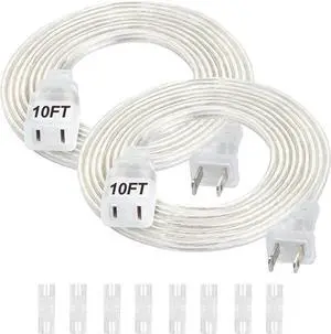 2 Pack Clear Extension Cord, 10 FT, UL-Certified Clear Extension Cord Indoor, 2 Prong Male to Female Slim Clear Extension Cords, 2x18 AWG, 125V 7A, Indoor, for Light & Small Appliances