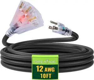 10 Ft Lighted Outdoor Extension Cord with 3 Electrical Power Outlets - 12/3 SJTW Heavy Duty Black Extension Cable with 3 Prong Grounded Plug for Safety, UL Listed