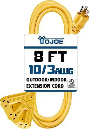 YOJOE 3-Outlets Indoor Outdoor Extension Cord, 3 Prong 15A Weatherproof Power Cord Multiple Outlets, 10 Gauge Heavy Duty 8 ft Yellow Extension Cord for Garage, Garden, 10/3 SJTW UL Listed