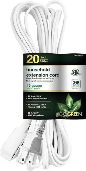 Go Green Power Inc. 20ft Household Extension Cord, White, 3 Outlets, 16/2, Indoor Use Only - Safe, Reliable, and Child-Safe Covers - Ideal for Everyday Electronics Go Green Power Inc. 20ft Household Extension Cord, White, 3 Outlets, 16/2, Indoor Use Only - Safe, Reliable, and Child-Safe Covers - Ideal for Everyday Electronics