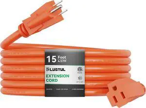 PLUGTUL 12/3 Outdoor Extension Cord 15 FT Waterproof, Heavy Duty 12 Gauge SJTW Extension Cord, 15A 1875W, ETL Listed, Great for Garden and Home, Orange