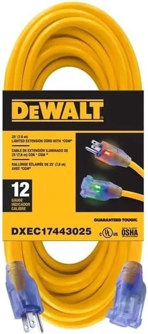DEWALT 25 Foot 12/3 SJTW Lighted Extension Cord - Heavy Duty Outdoor, Waterproof, Weatherproof, Heat & Corrosion Resistant Industrial Strength Light Up Prong Outlet Plug Power Cord