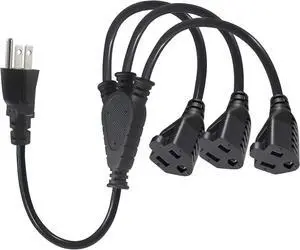 KUNCAN 3-Way Splitter Extension Cord - 3 Prong 1 to 3 Way Power Splitter, 1FT 18AWG 10A/1250W, NEMA 5-15P to 3X NEMA 5-15R Y Style 3-Outlet Extension Cord for Home, Room, Office(Black 1-Pack)