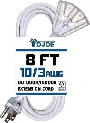 YOJOE 3-Outlets Indoor Outdoor Extension Cord with Lighted End, 3 Prong 15A Weatherproof Power Cord, 10 Gauge Heavy Duty 8 ft White Extension Cord Multiple Outlets, 10/3 SJTW UL Listed