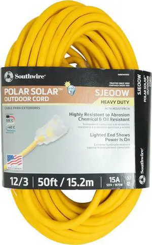 Southwire Polar Solar Extension Cord - Cold Weather Flexibility & Rugged Durability - SJEOOW Jacket - UL Listed - Oil & Chemical Resistant - 12/3 Gauge - 50 Foot - Yellow Outdoor Cord