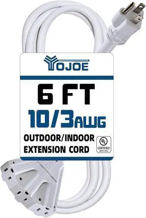 YOJOE 3-Outlet Indoor/Outdoor Extension Cord, 10 Gauge SJTW Heavy Duty 6 ft White, 15A Weatherproof Power Cord with 3 Prong Grounded Plug, UL Listed