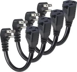 KUNCAN Short Power Extension Cord - Low Profile Wall Head 6 Inch 14AWG/3C SJTW Heavy Duty Extension Cable for Indoor/Outdoor, 90-Degree Flat Plug 15A/125V 1875W NEMA 5-15P to NEMA 5-15R, Black 4-Pack