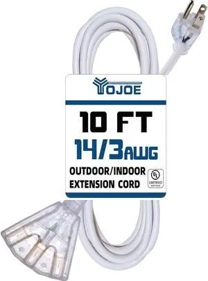 YOJOE 3-Outlets Indoor Outdoor Extension Cord with Lighted End, 3 Prong 15A Weatherproof Power Cord, 14 Gauge Heavy Duty 10 ft White Extension Cord Multiple Outlets, 14/3 SJTW UL Listed