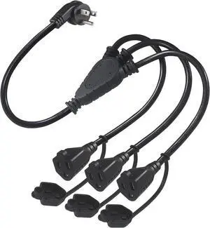 KUNCAN 3 Way Power Splitter Cord, Right Angled Type Flat Plug Indoor/Outdoor 1 to 3 Outlets Y Style Extension Cord Waterproof Heavy Duty 16/3 SJTW 3 Prong AC Power Cord Wire Extender (1.5FT 1-Pack)
