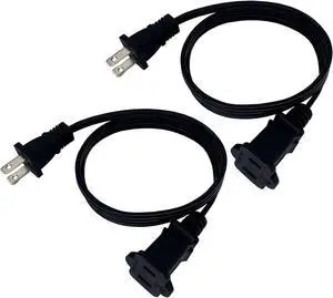 Extension Cord 3 Feet, Short Small AC Power Cord 2 Prong, 18 AWG Power Cable for Indoor Use, Male to Female Extension Cord, NEMA 5-15P to NEMA 5-15R, Black 2 Pack